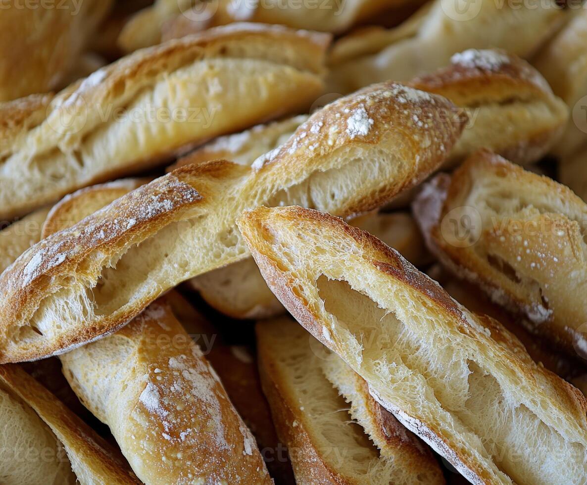 Freshly baked baguettes arranged on a wooden surface photo