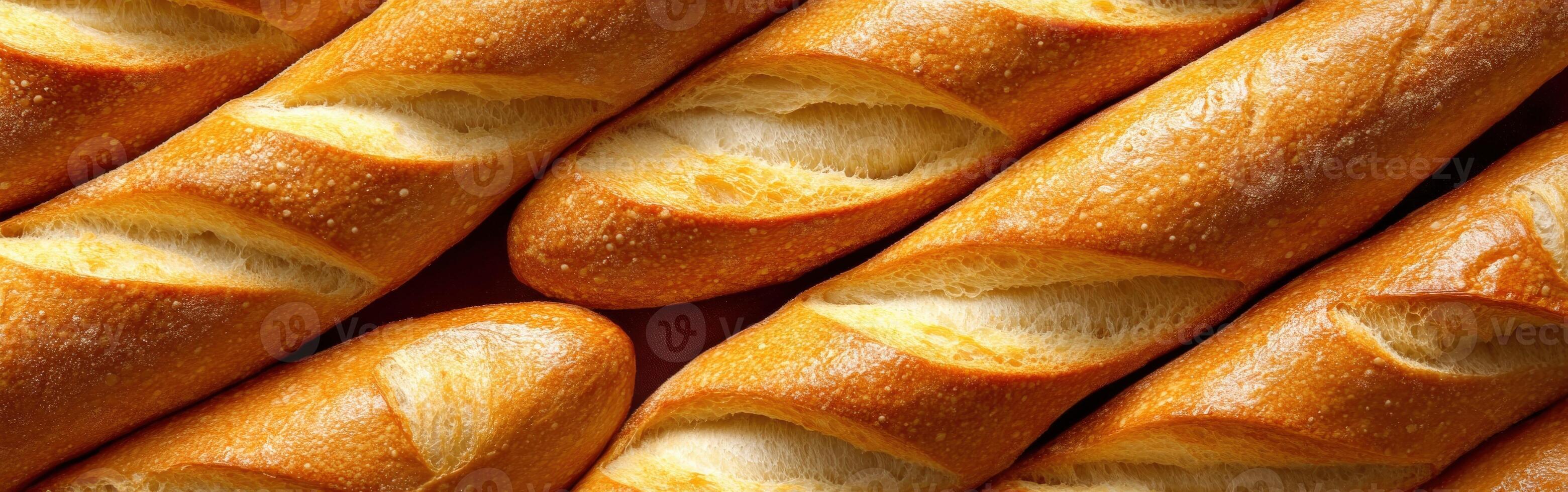 Freshly baked baguettes arranged neatly on a display table photo