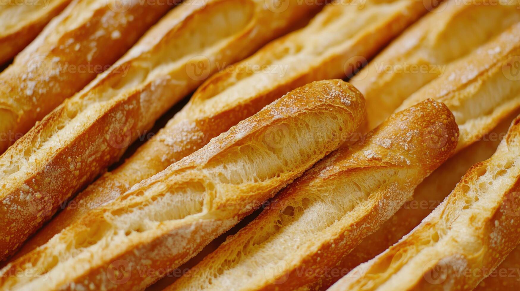 Freshly baked breadsticks arranged neatly on a wooden surface photo
