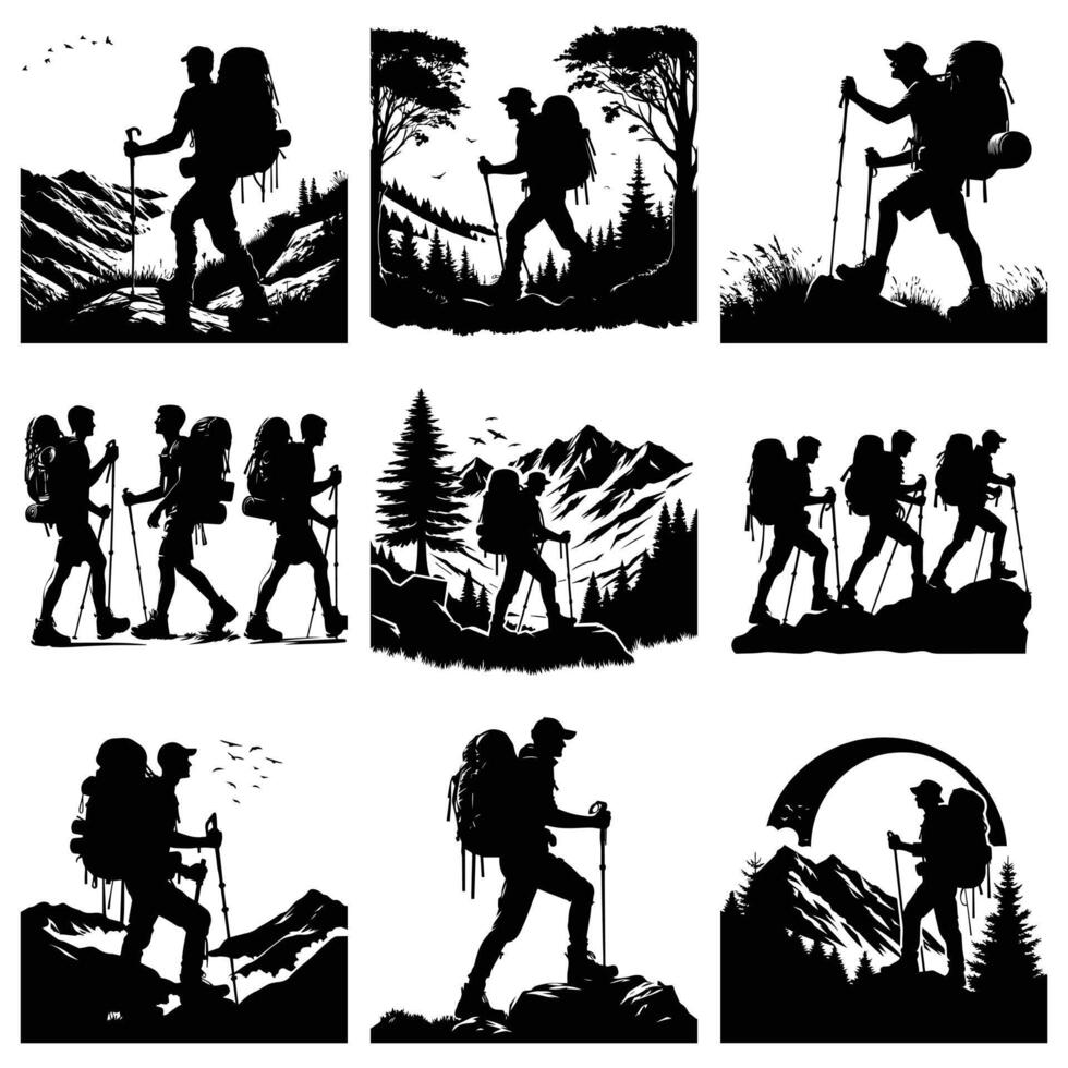 Hike man silhouette stock illustration Bundle, in silhouette, Adventure lover graphic design, Adventure Hike man , Hike silhouette vector