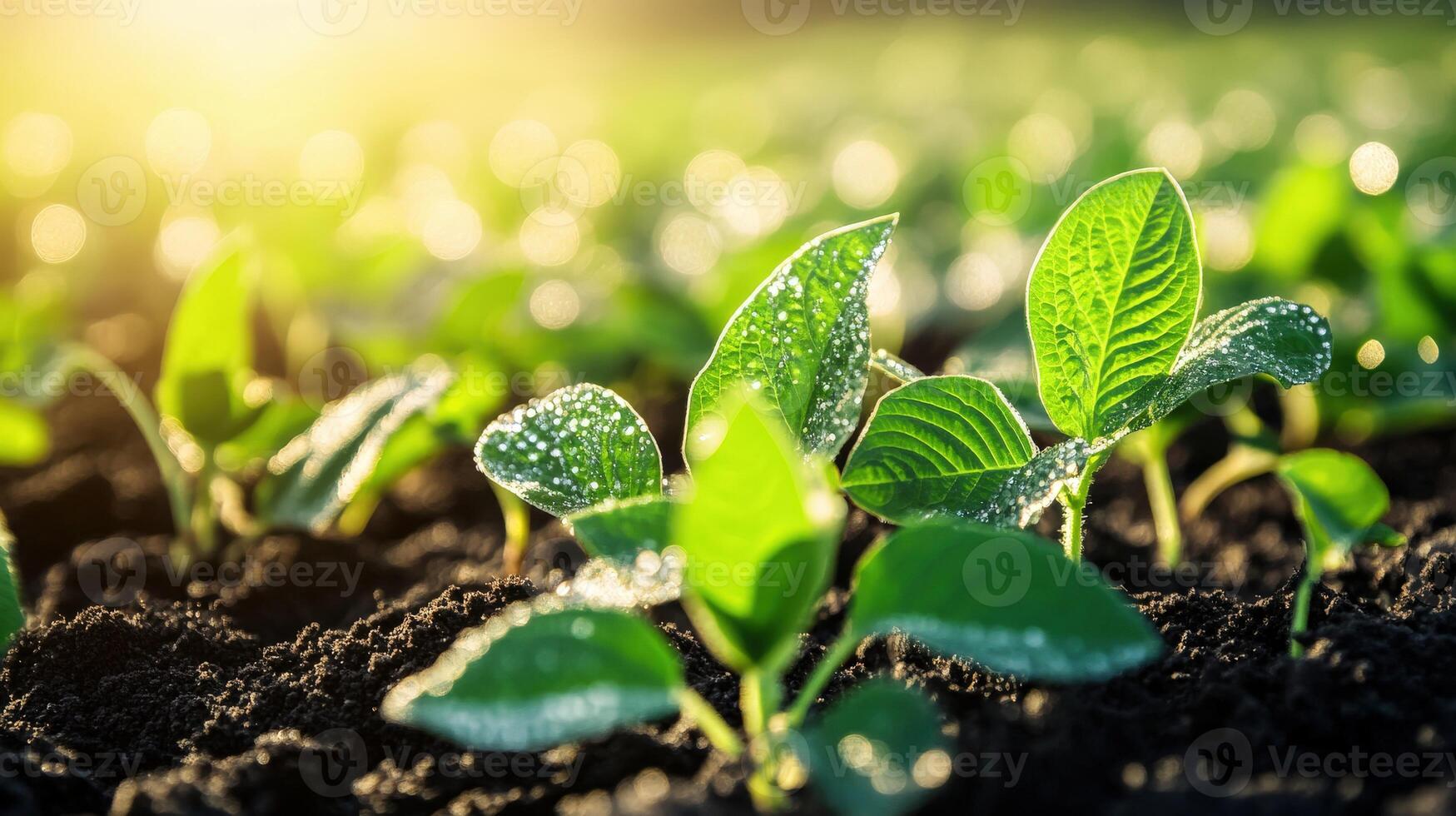 Soybean seedlings growing in a sunlit field at dawn photo