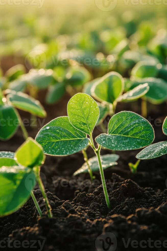 Soybean seedlings thriving in a sunlit field during springtime photo
