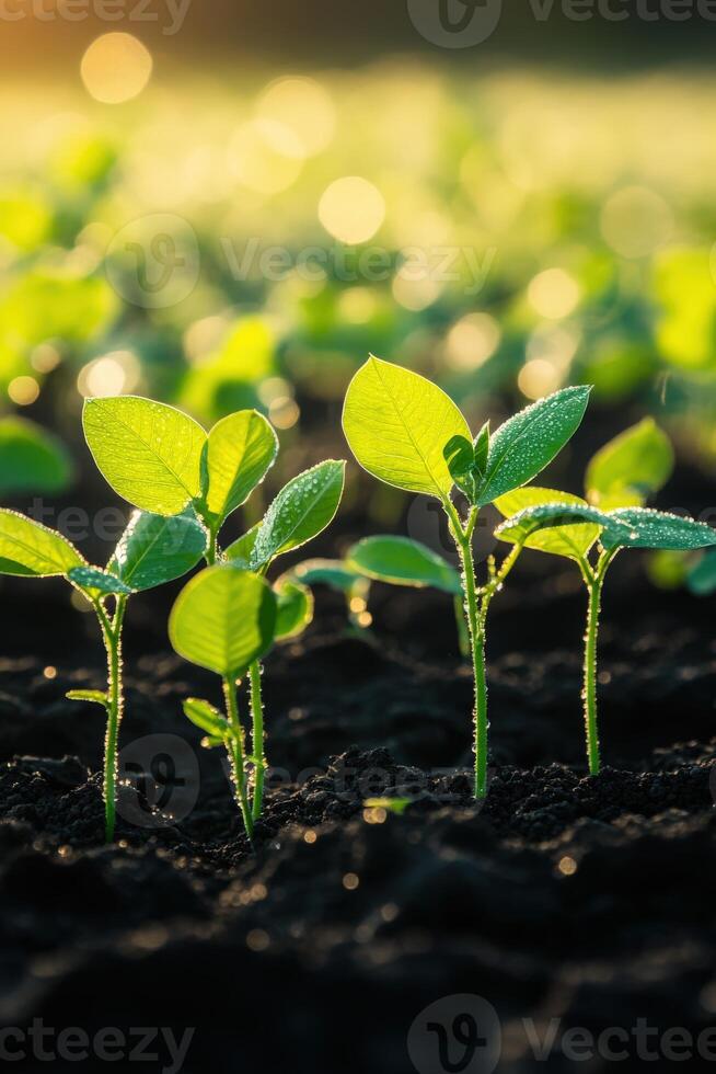 Soybean seedlings growing in a sunlit field at dawn photo