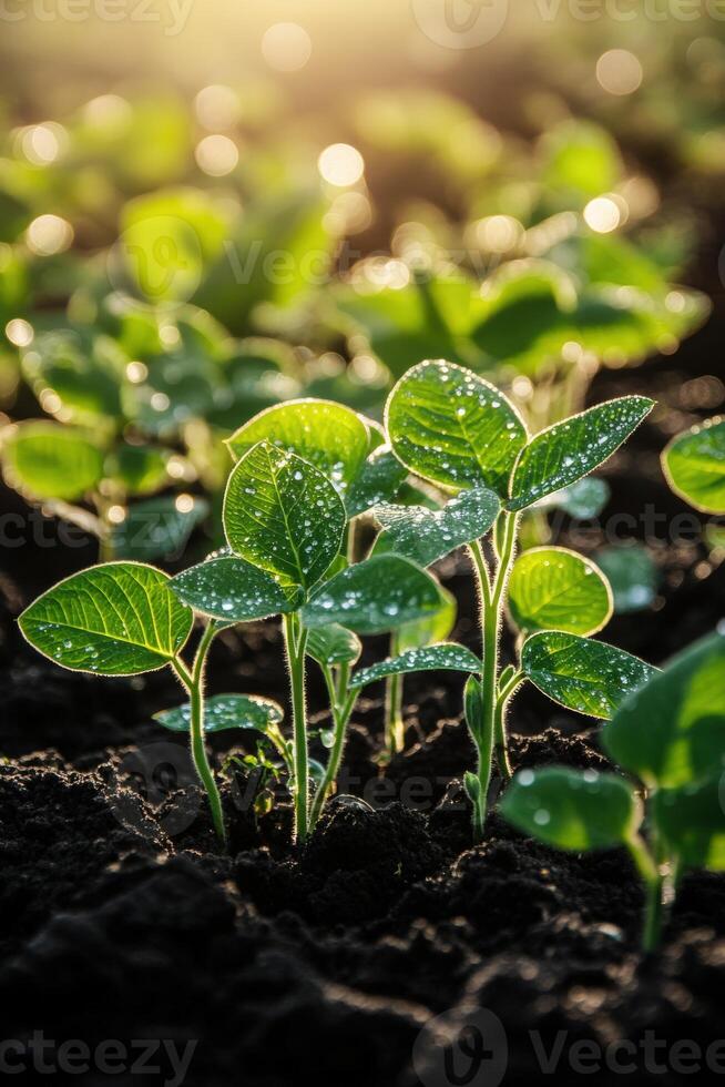 Soybean seedlings developing in a sunlit field at dawn photo