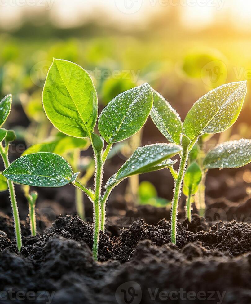 Soybean seedlings emerging in a field during golden hour photo