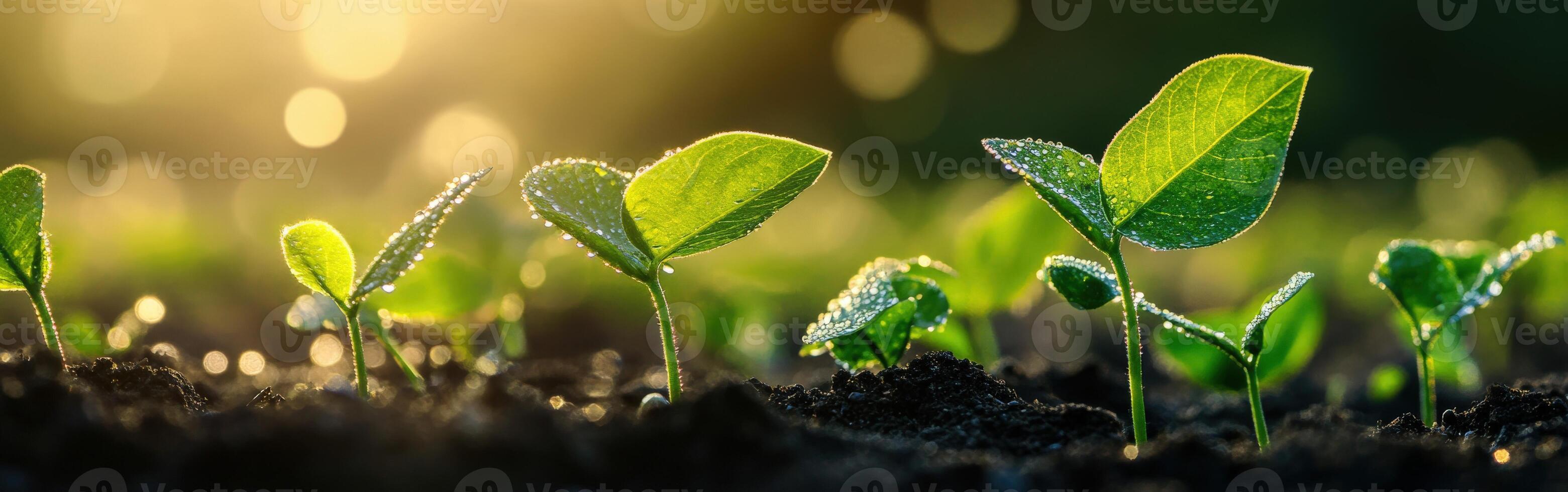Soybean seedlings thriving in a sunlit field at dawn photo