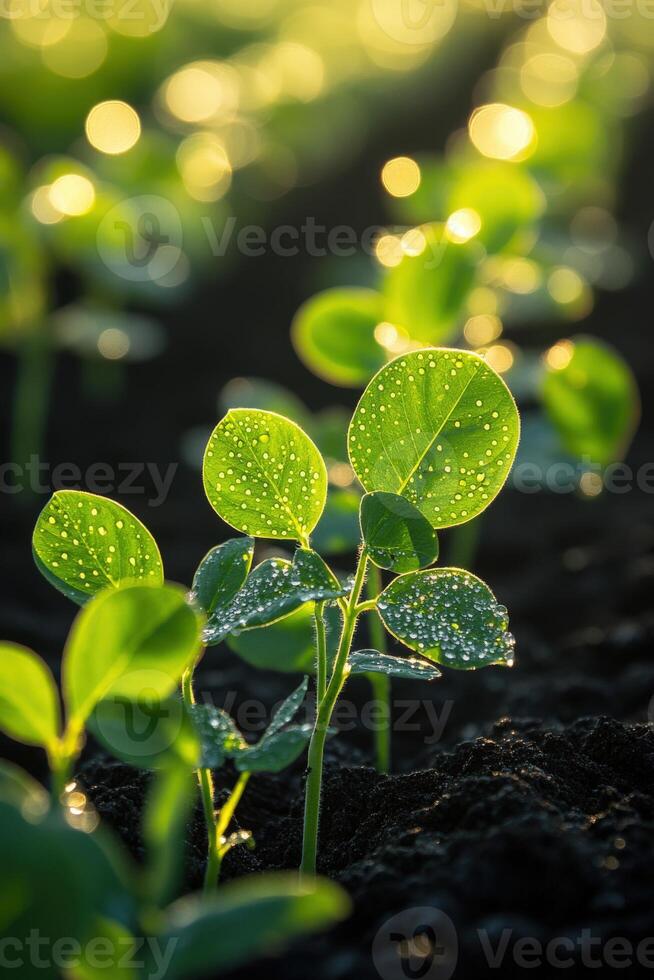 Soybean seedlings sprouting in a sunlit field after rainfall photo