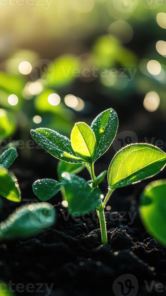 Soybean seedlings emerging in a field during early morning light photo