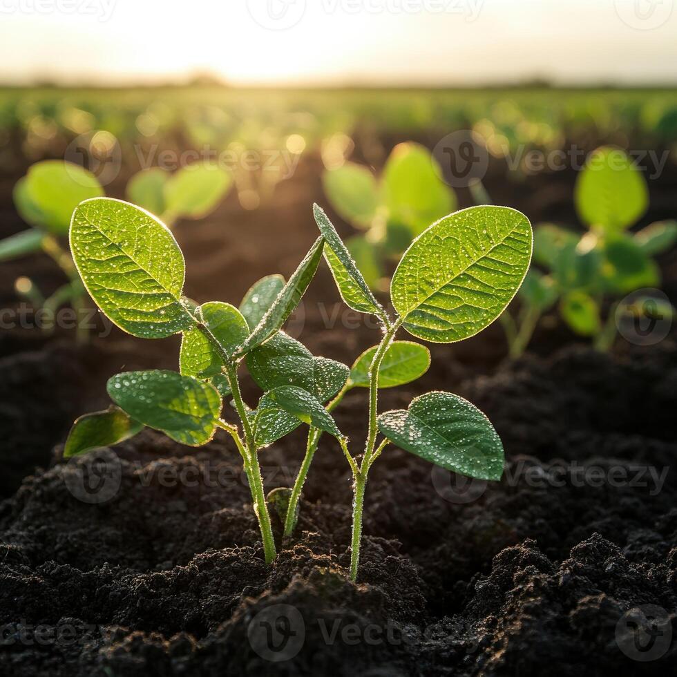 Soybean seedlings thriving in a field under sunlight in spring photo