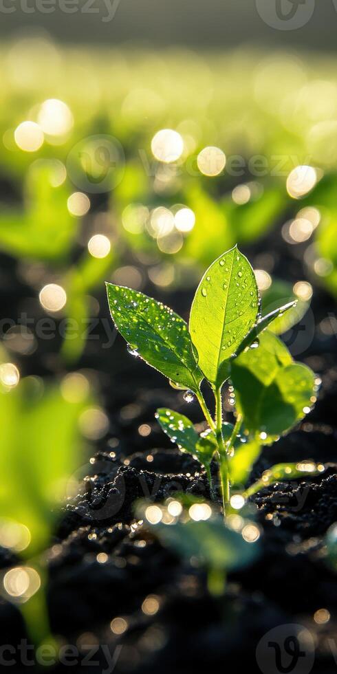 Soybean seedlings emerging in a sunlit agricultural field at dawn photo
