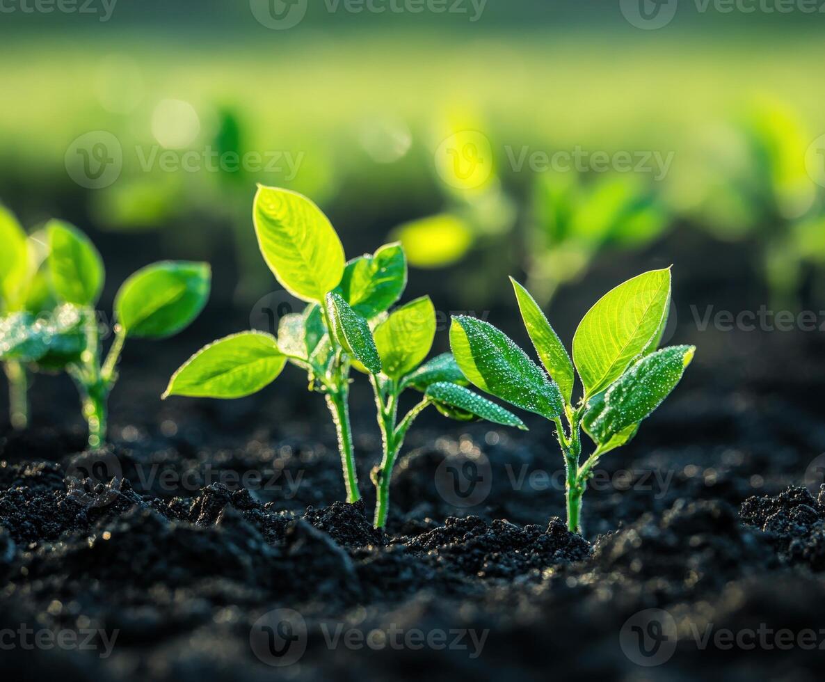 Soybean seedlings growing in a field during daylight photo