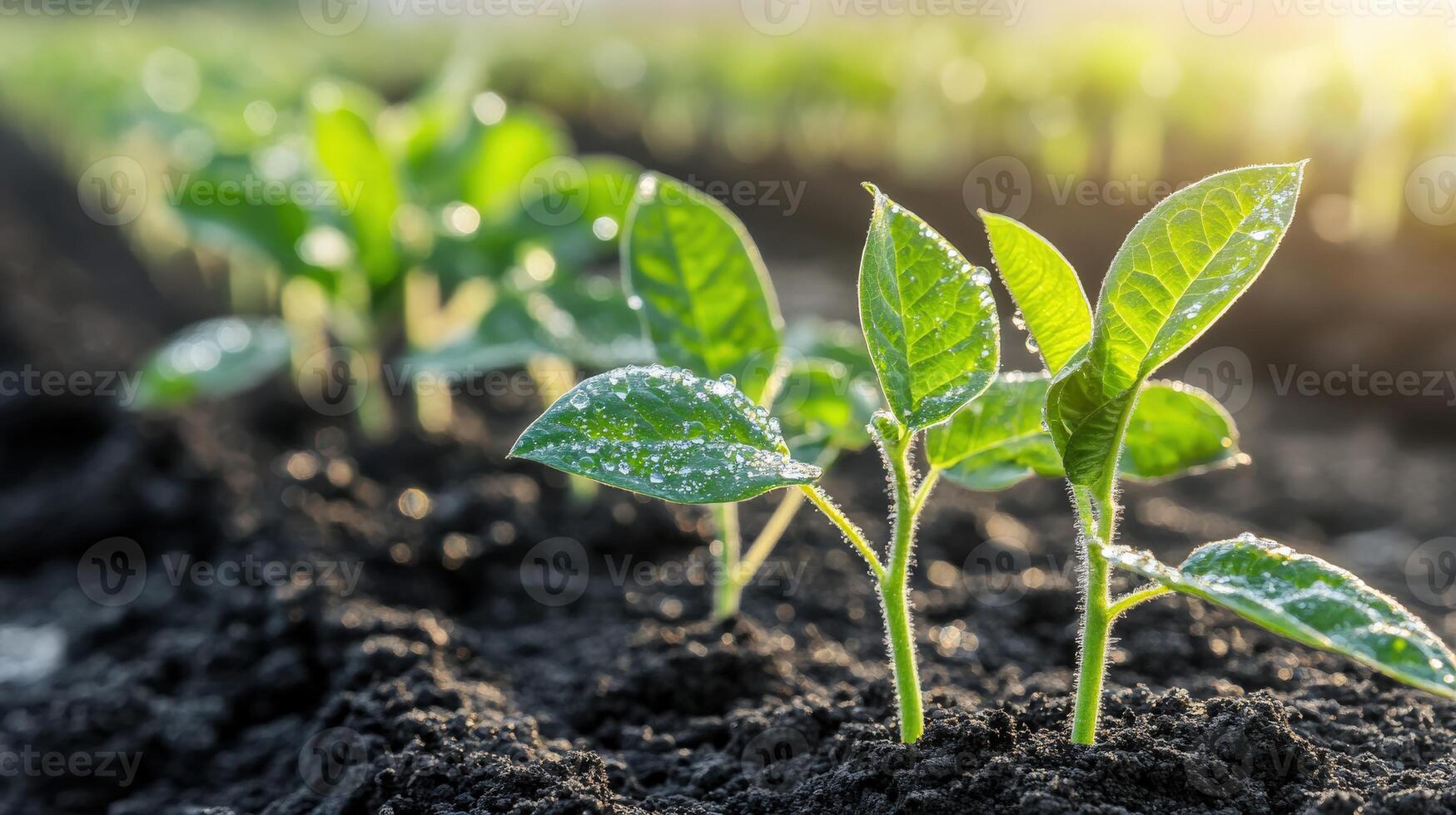 Soybean seedlings emerging in a sunlit field during spring photo