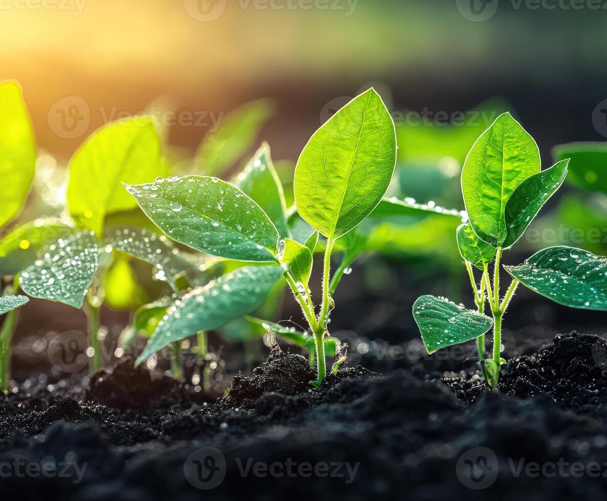 Soybean seedlings thriving in a sunlit field after rainfall photo