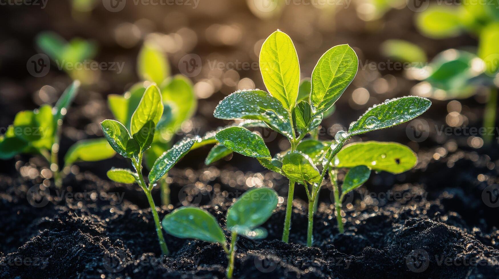 Soybean seedlings growing in a sunny field during early spring photo