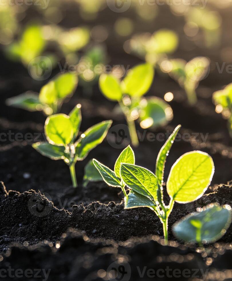 Soybean seedlings emerging in a sunlit field during early growth photo