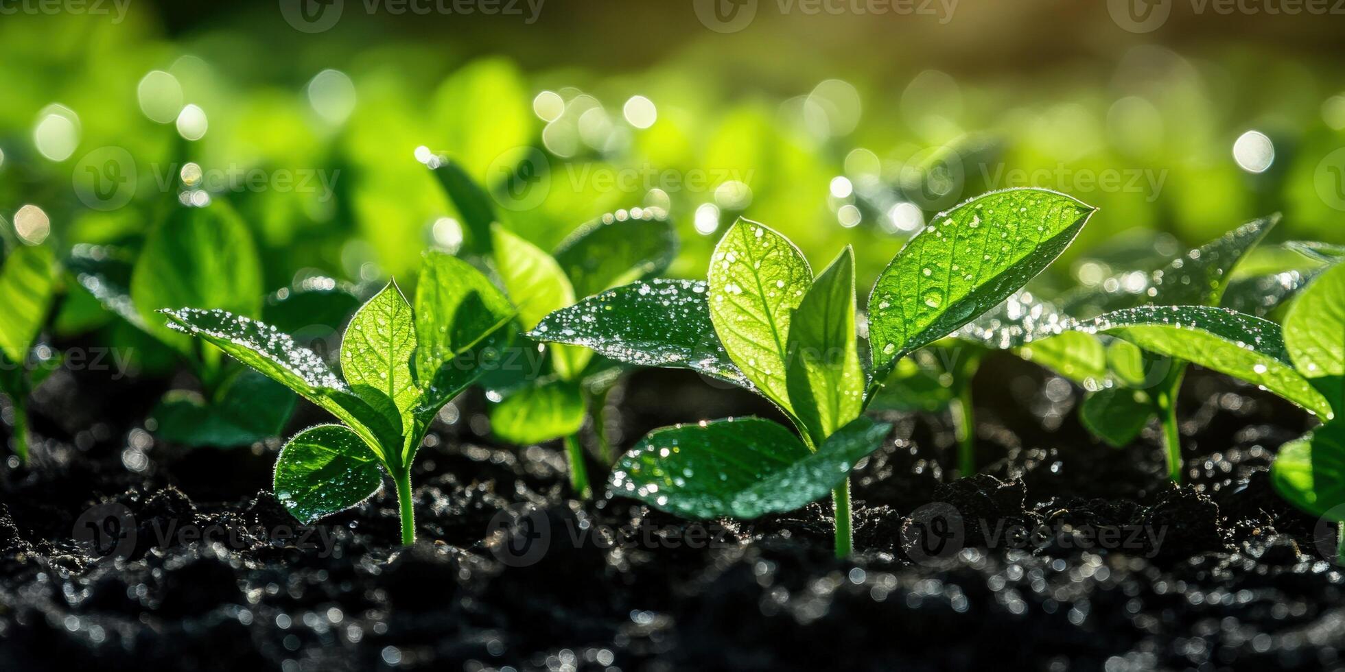 Soybean seedlings thriving in a sunlit field after recent rainfall photo