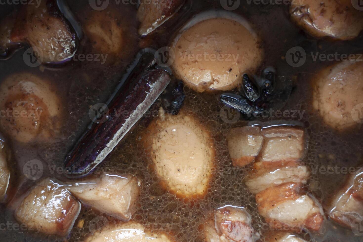 Top view of Egg and Pork in Sweet Brown Sauce is Thai food call Kai Pa Low. photo