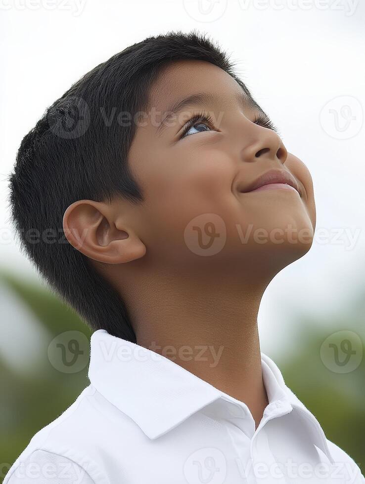 High school boy gazing up at the cloudy sky in the afternoon photo