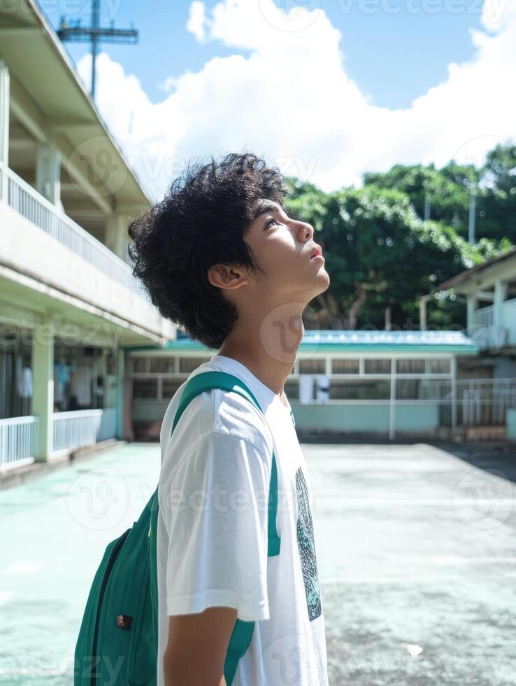 High school boy looking up at cloudy sky during afternoon break photo