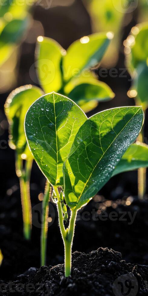 Soybean seedlings growing in sunlight on a field in spring photo