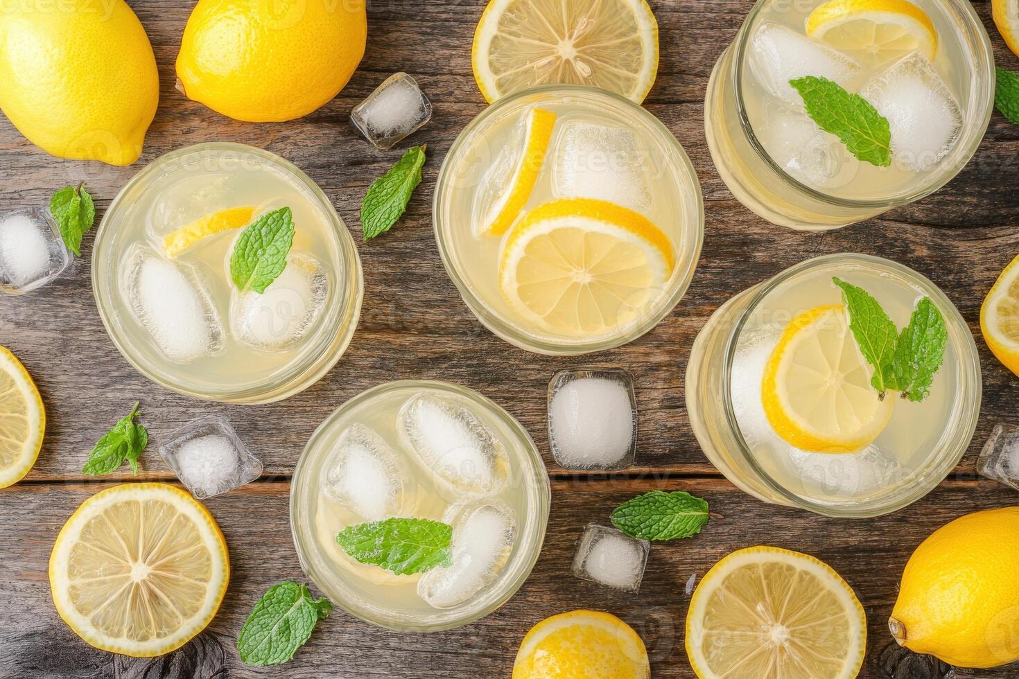 Refreshing green mint lemonade with ice cubes on a rustic wooden table photo