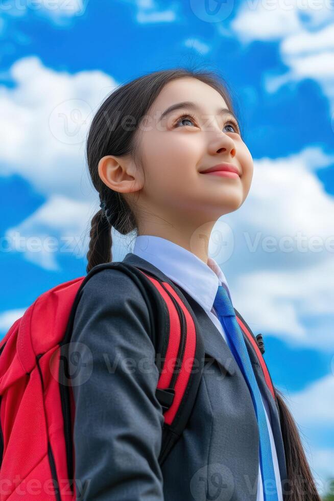High school girl gazing at the sky with a backpack on a sunny day photo