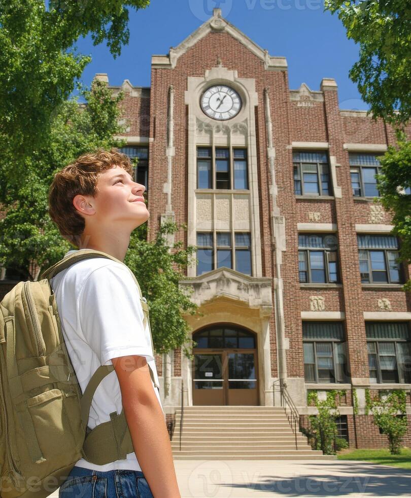 High school boy gazing at the clear sky in front of his school photo