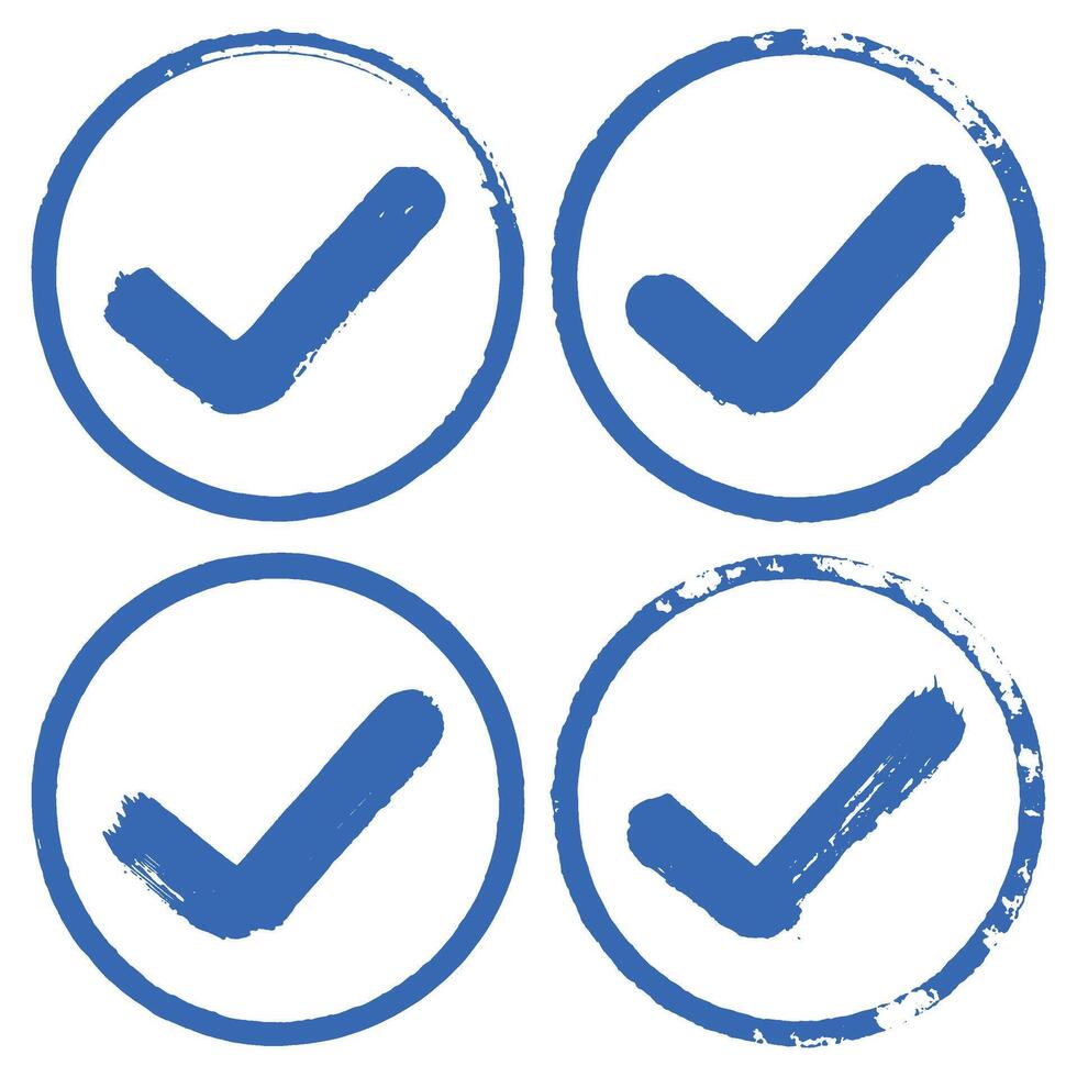 Blue brush stroke checkmarks encased in circles symbolizing verification, approval, confirmation, or completion. vector