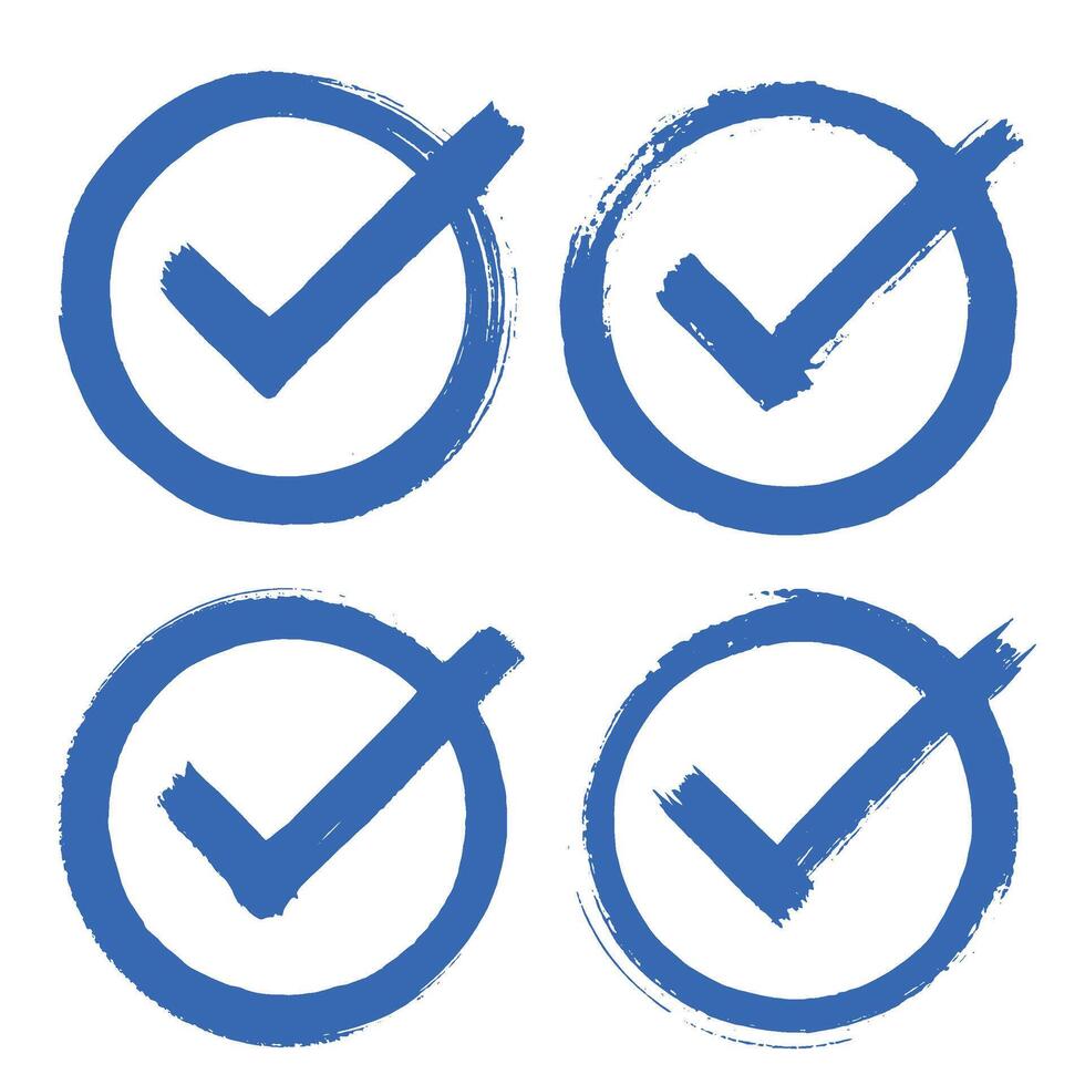 Collection of blue brush stroke check marks inside a circle indicating verification, approval, confirmation, or completion. vector