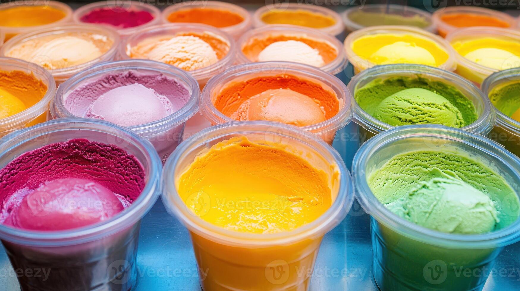 Colorful ice cream pots displayed in a shop window on a sunny day photo