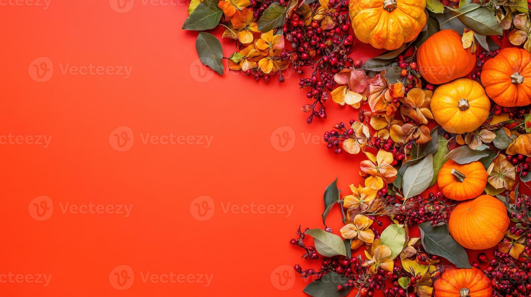 Autumn flowers and pumpkins arranged on a vibrant background photo