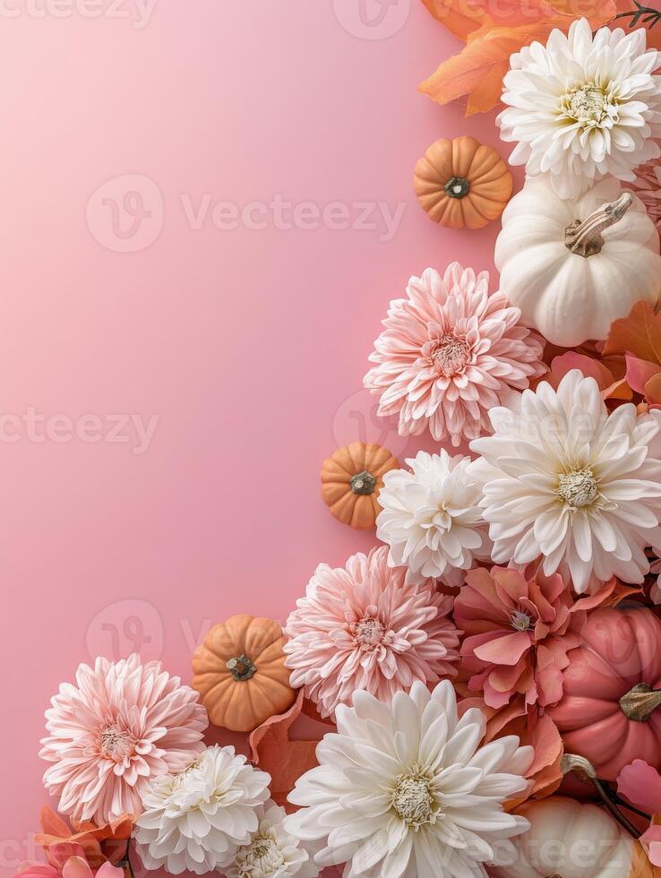 Autumn flowers and pumpkins arranged on a pink background photo