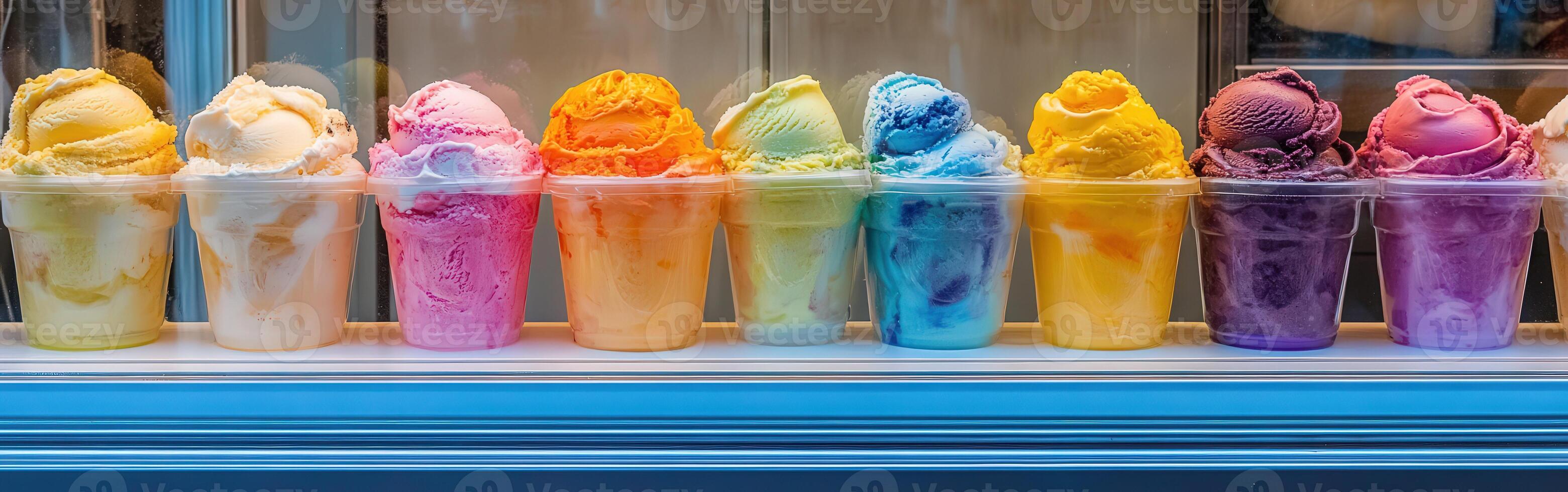 Colorful ice cream in plastic pots displayed in shop window during daytime photo