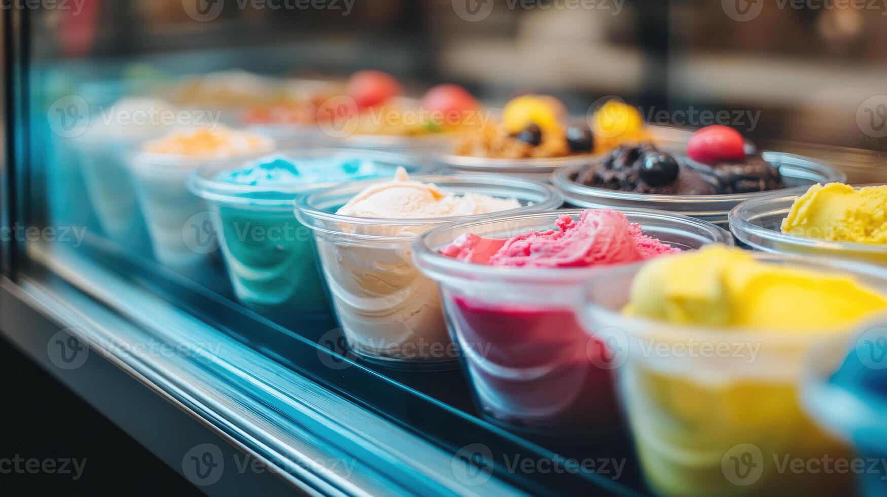 Colorful ice cream pots displayed in a shop window on a sunny day photo