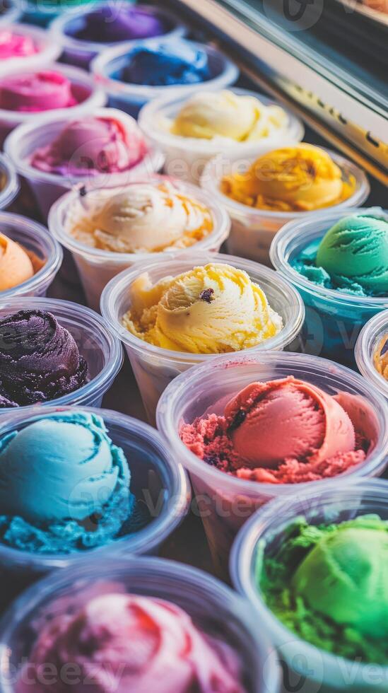 Colorful ice cream pots displayed in a shop window on a sunny day photo