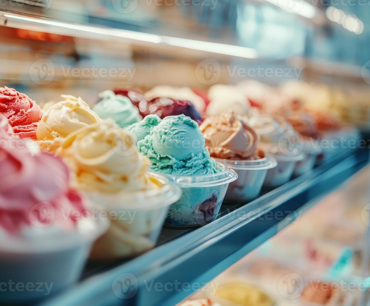 Colorful ice cream varieties displayed in pots at a shop window photo