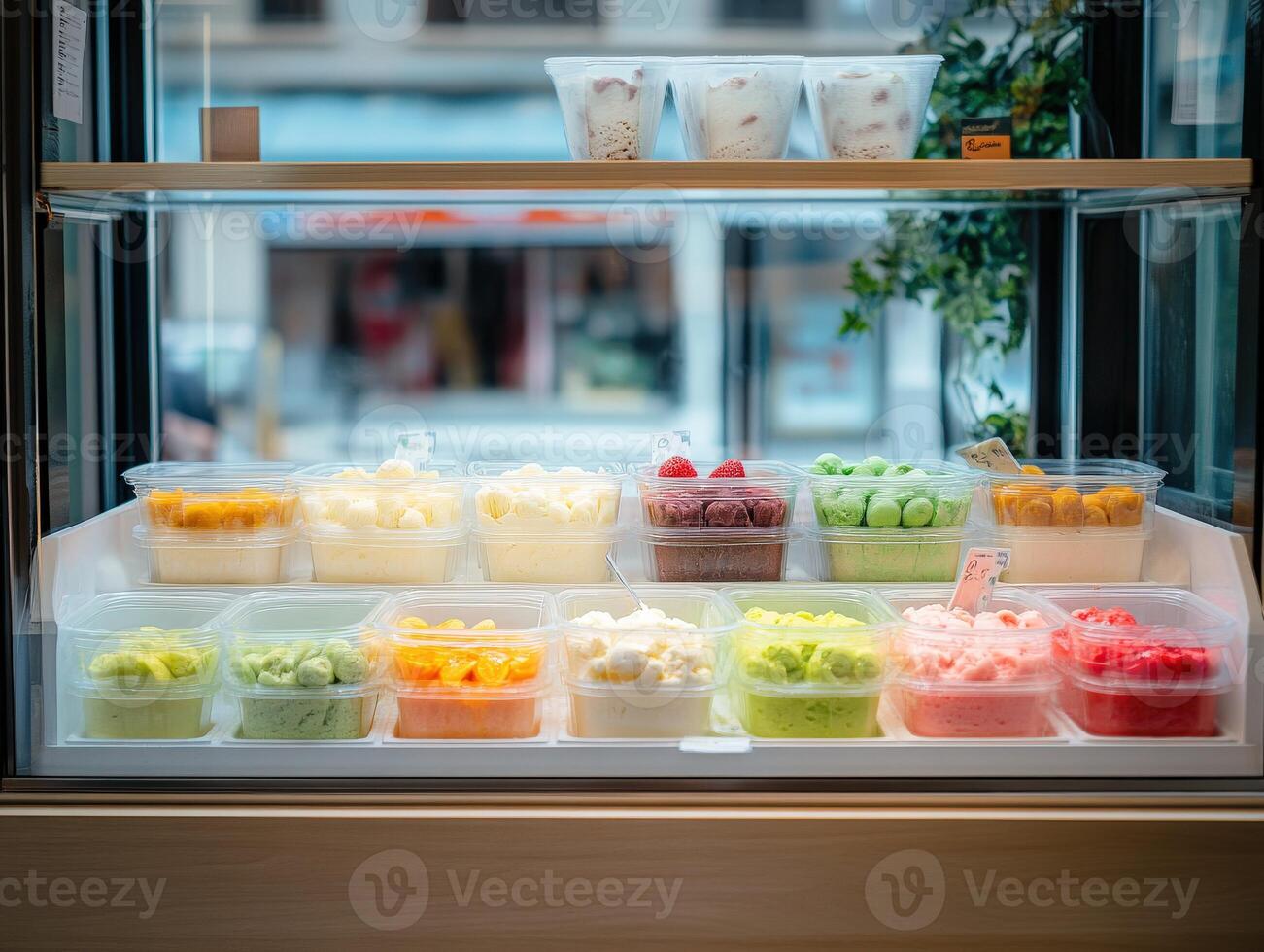 Colorful ice cream pots displayed in a shop window on a sunny day photo