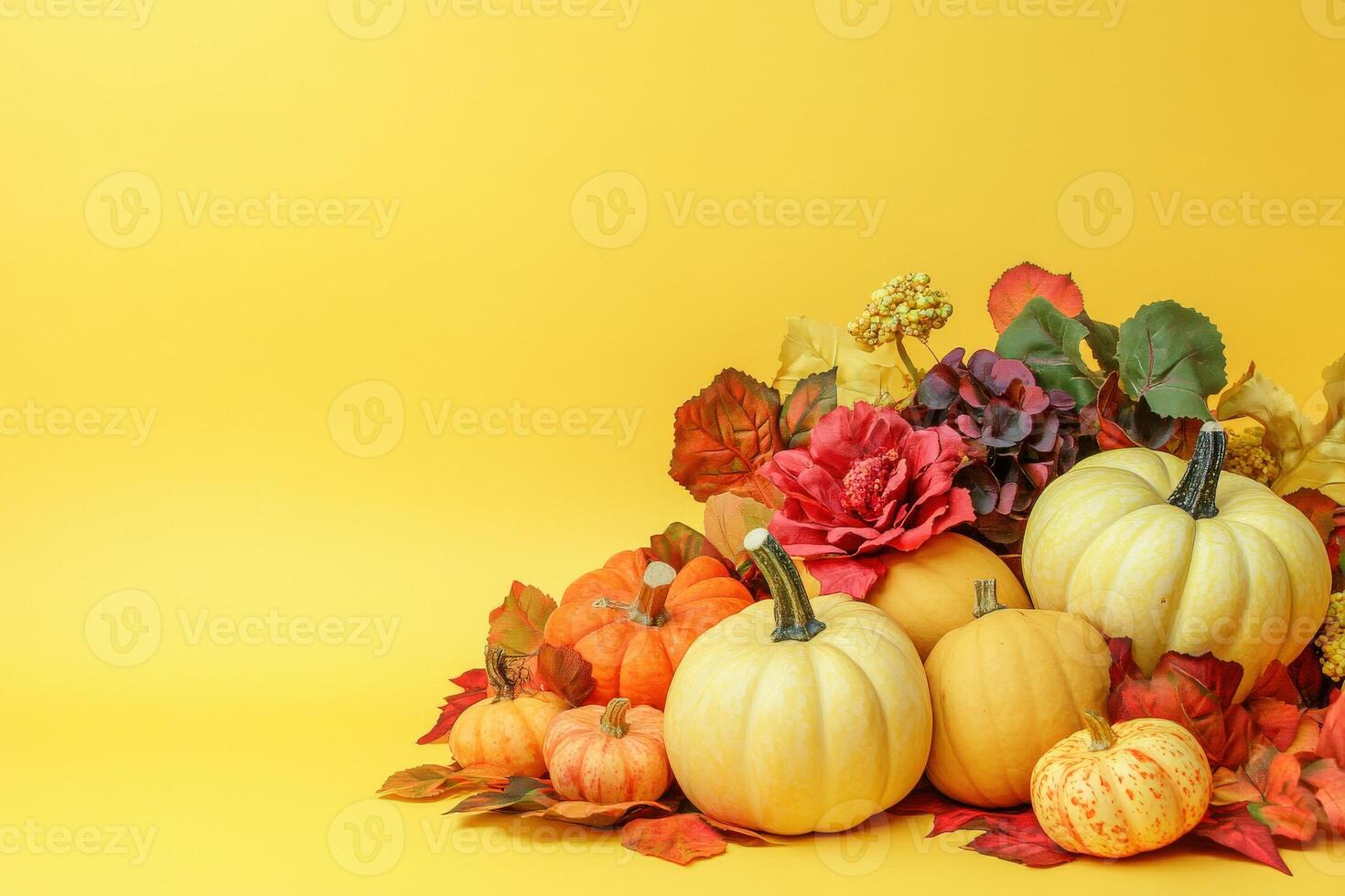 Autumn flowers and pumpkins in vibrant fall colors with space photo