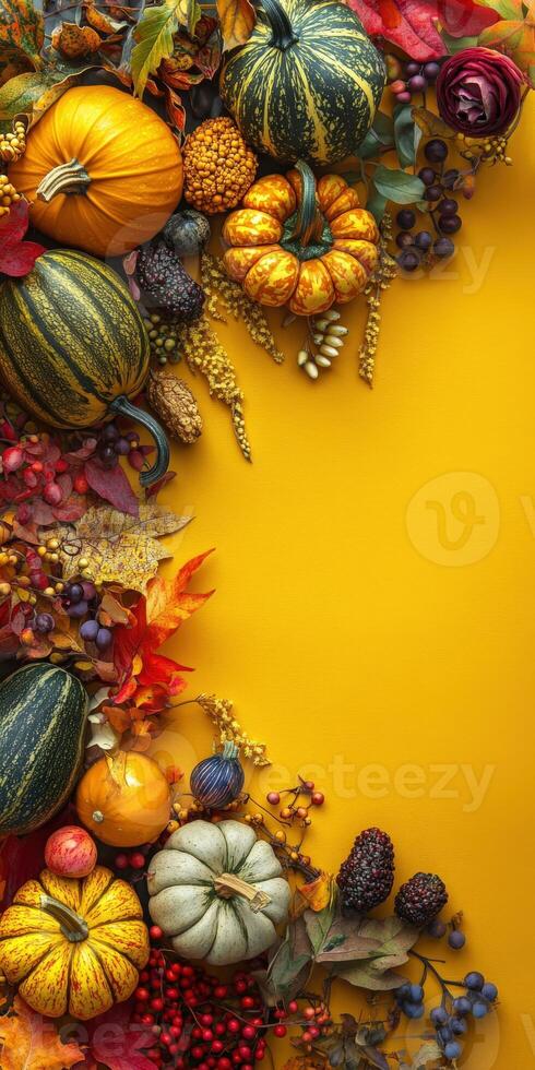 Autumn arrangement of colorful flowers and pumpkins with copy space photo