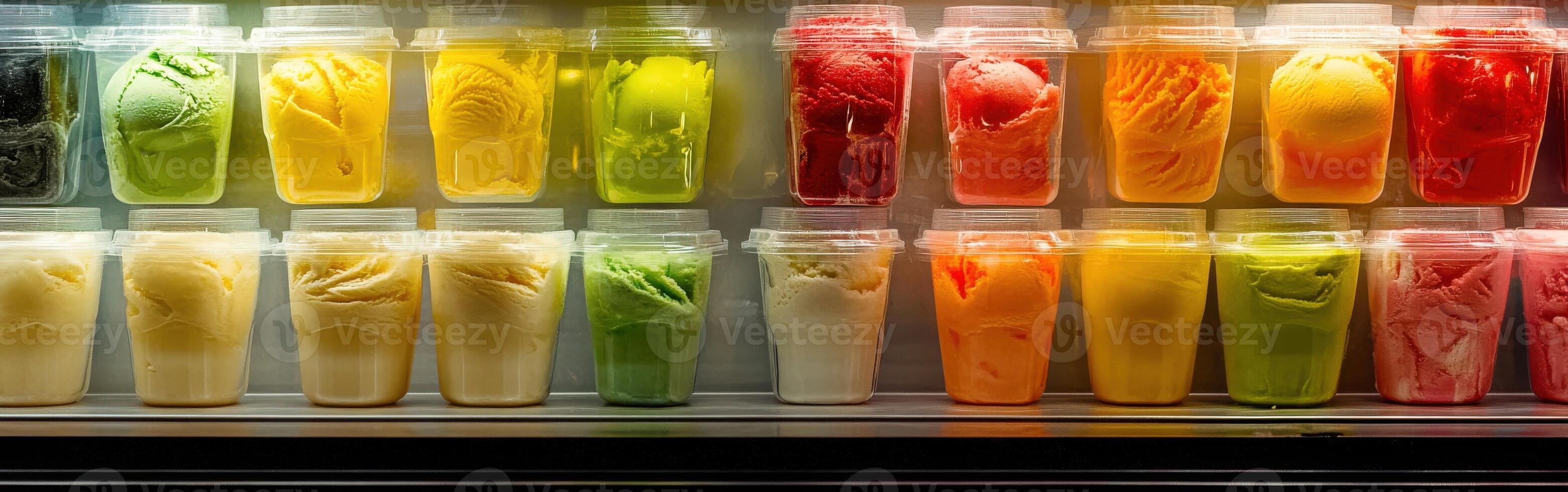 Colorful ice cream pots displayed in a shop window during daytime photo