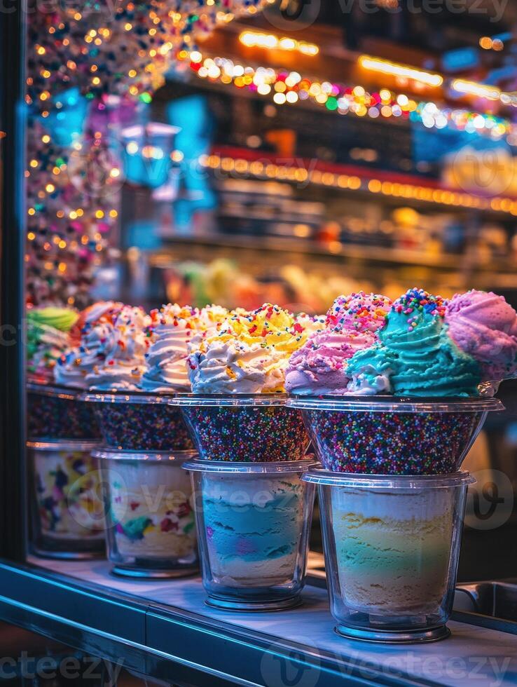 Colorful ice cream pots displayed in a shop window at dusk photo