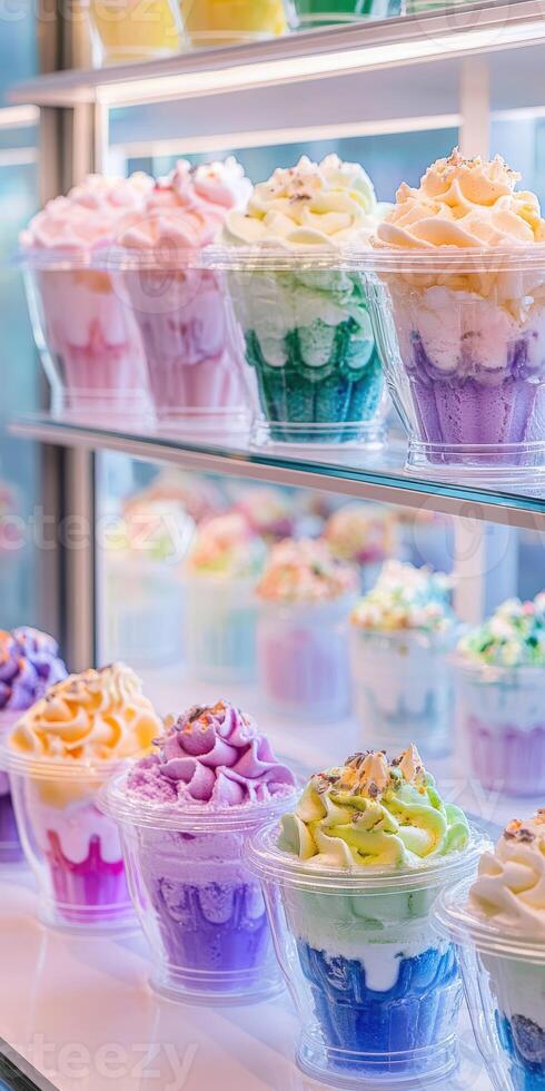 Colorful ice cream pots displayed attractively in a shop window photo