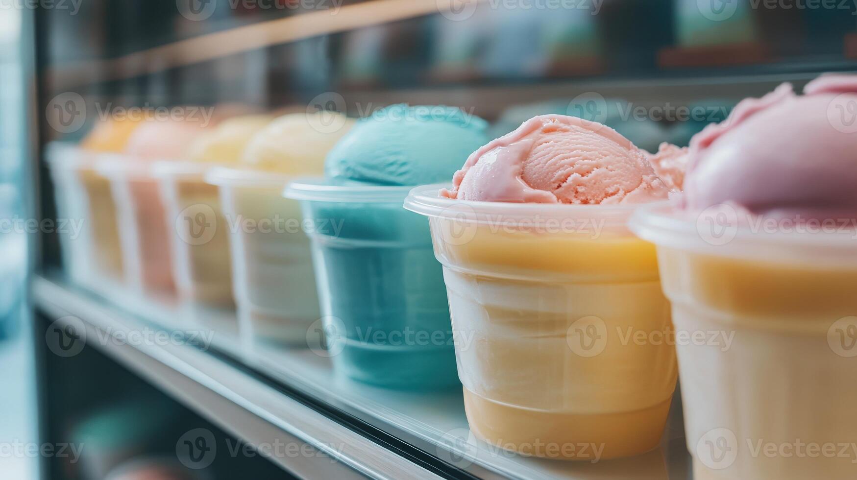 Colorful ice cream pots displayed in a shop window on a sunny day photo