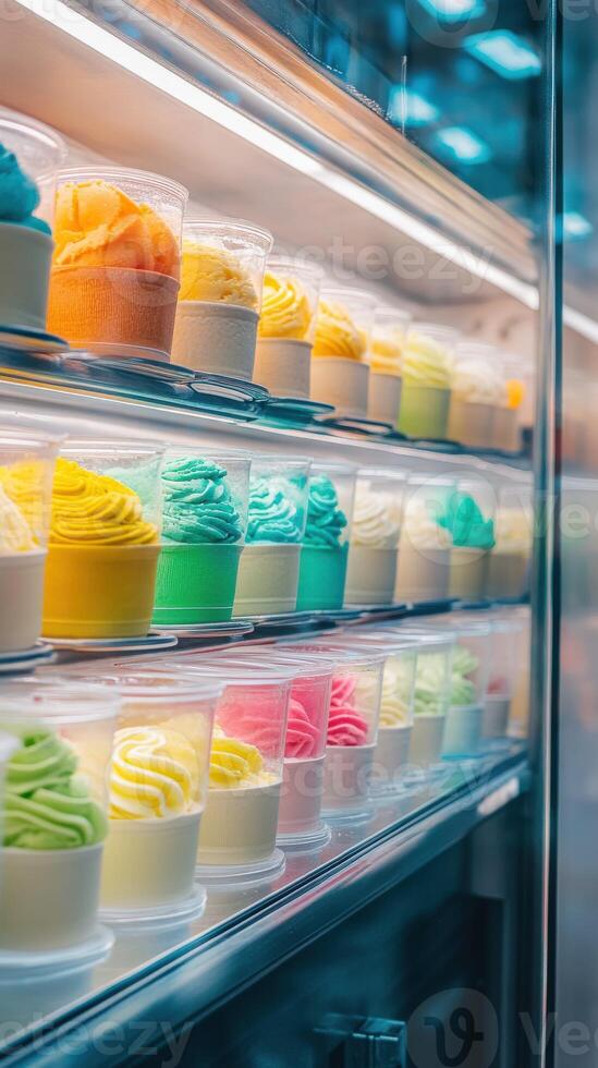 Colorful ice cream pots on display at a shop window in summer photo