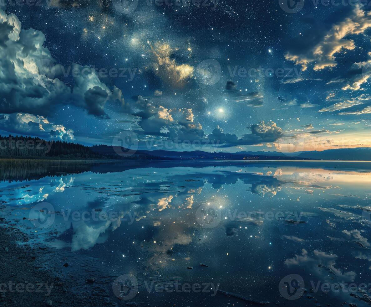 Night clouds reflecting on tranquil lake under a starry sky photo