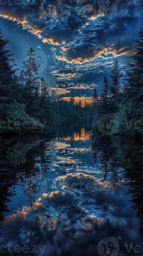 Night clouds reflected on still water in a tranquil forest lake photo