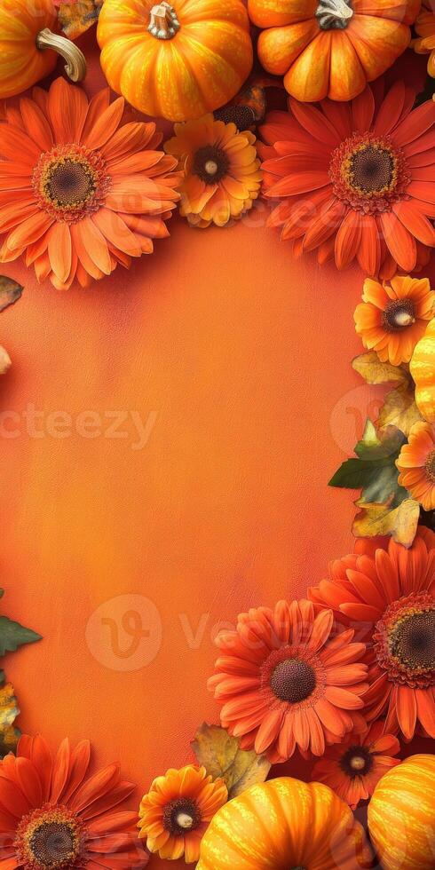 Autumn flowers and pumpkins arranged with vibrant colors and space photo