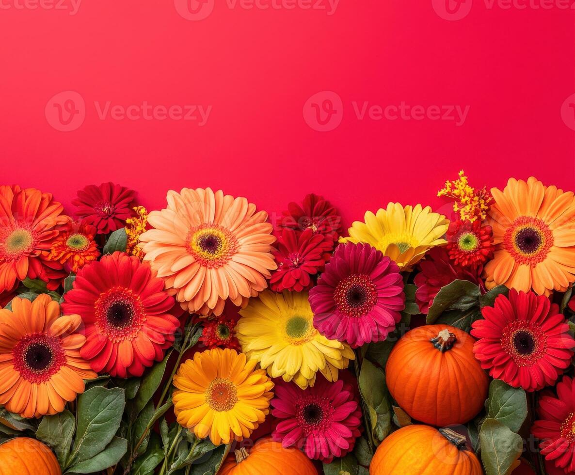 Autumn flowers and pumpkins in vibrant colors with space for text photo