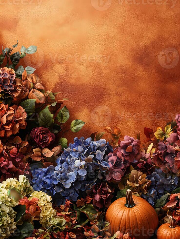 Autumn flowers and pumpkins in warm colors with space for text photo