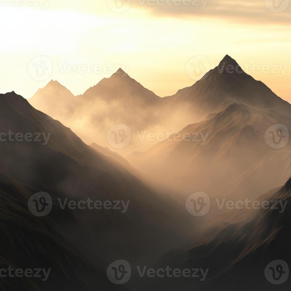 Foggy mountains at dusk with a soft golden light photo